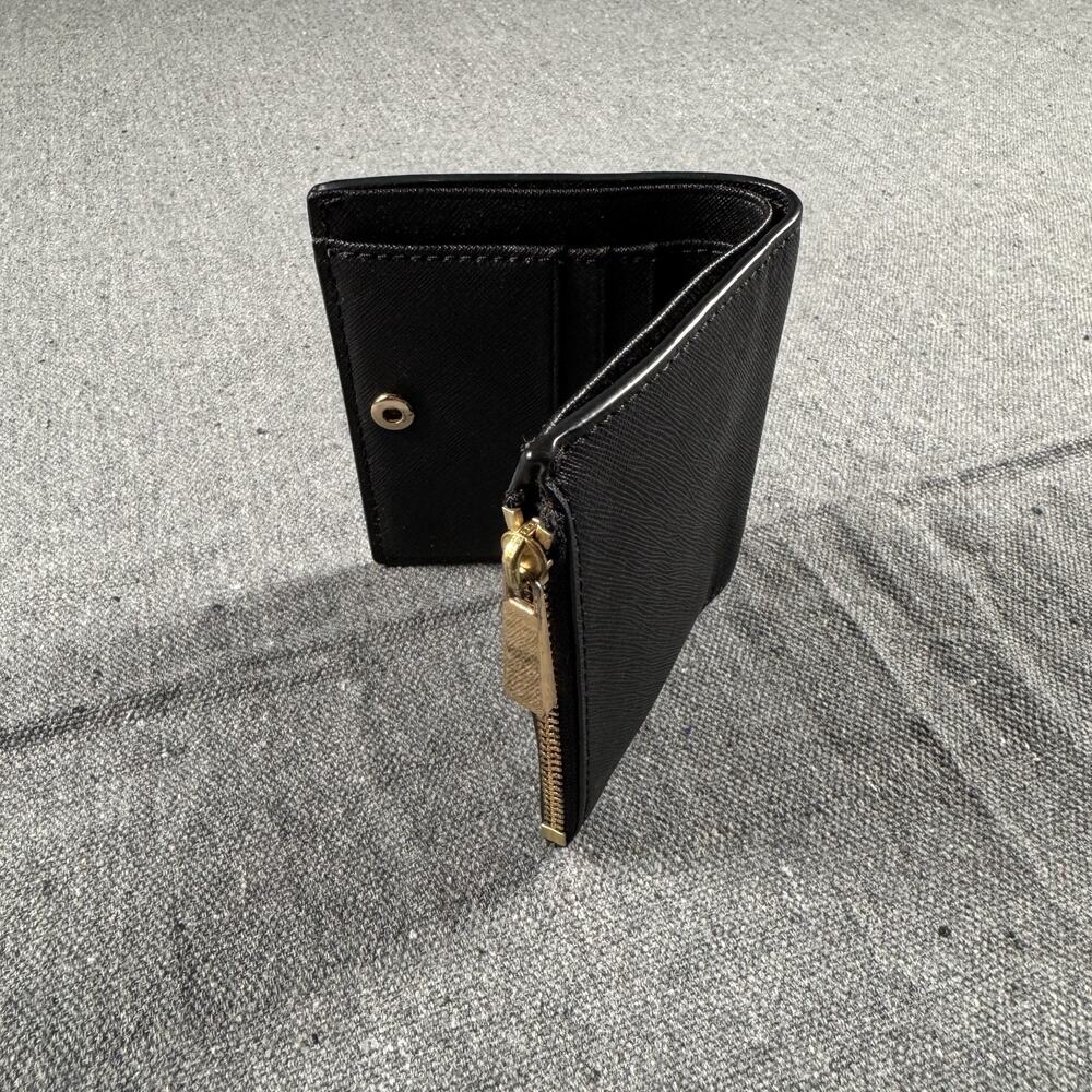Tory Burch Robinson Snap Mini French Wallet Black Leather Gold Tone Zip Fold - Picture 2 of 5